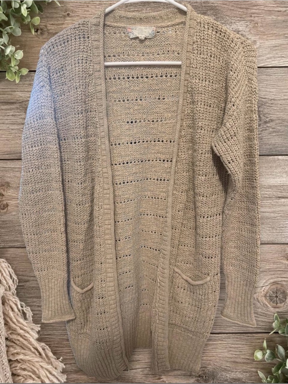 Pink Rose Beige Open-Front Knit Cardigan